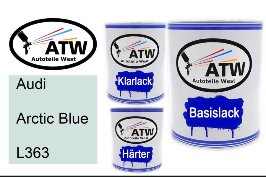 Audi, Arctic Blue, L363: 1L Lackdose + 1L Klarlack + 500ml Härter - Set, von ATW Autoteile West.